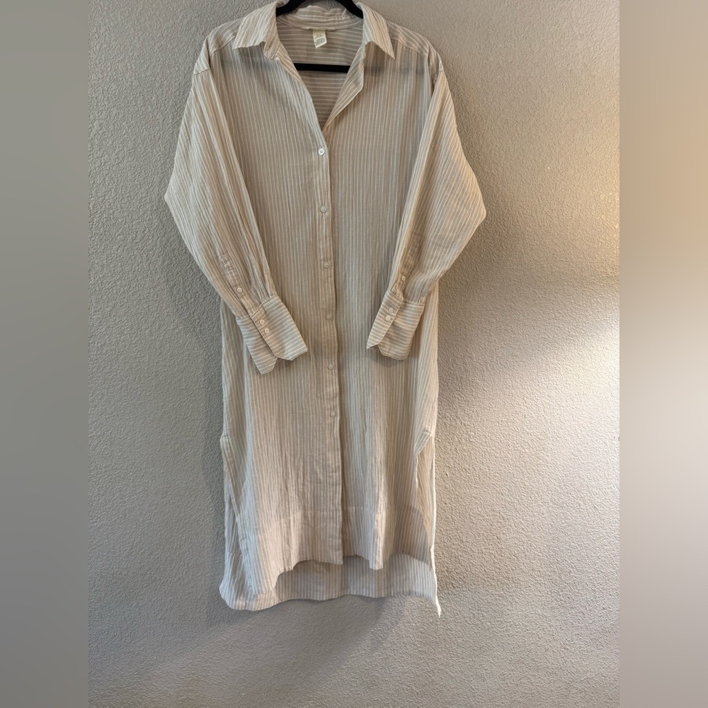 H&M Linen Beige Striped Shirt Dress